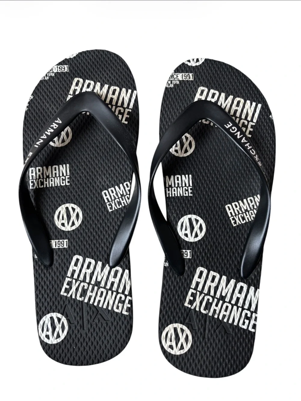 Armani Exchange Black Flip Flop Sandals with White Logo Print